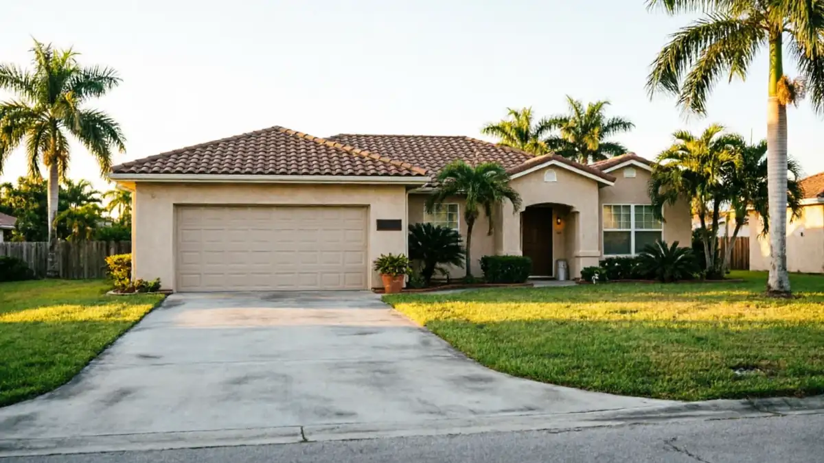 A beige house with a tan garage door, a tiled roof, and palm trees.