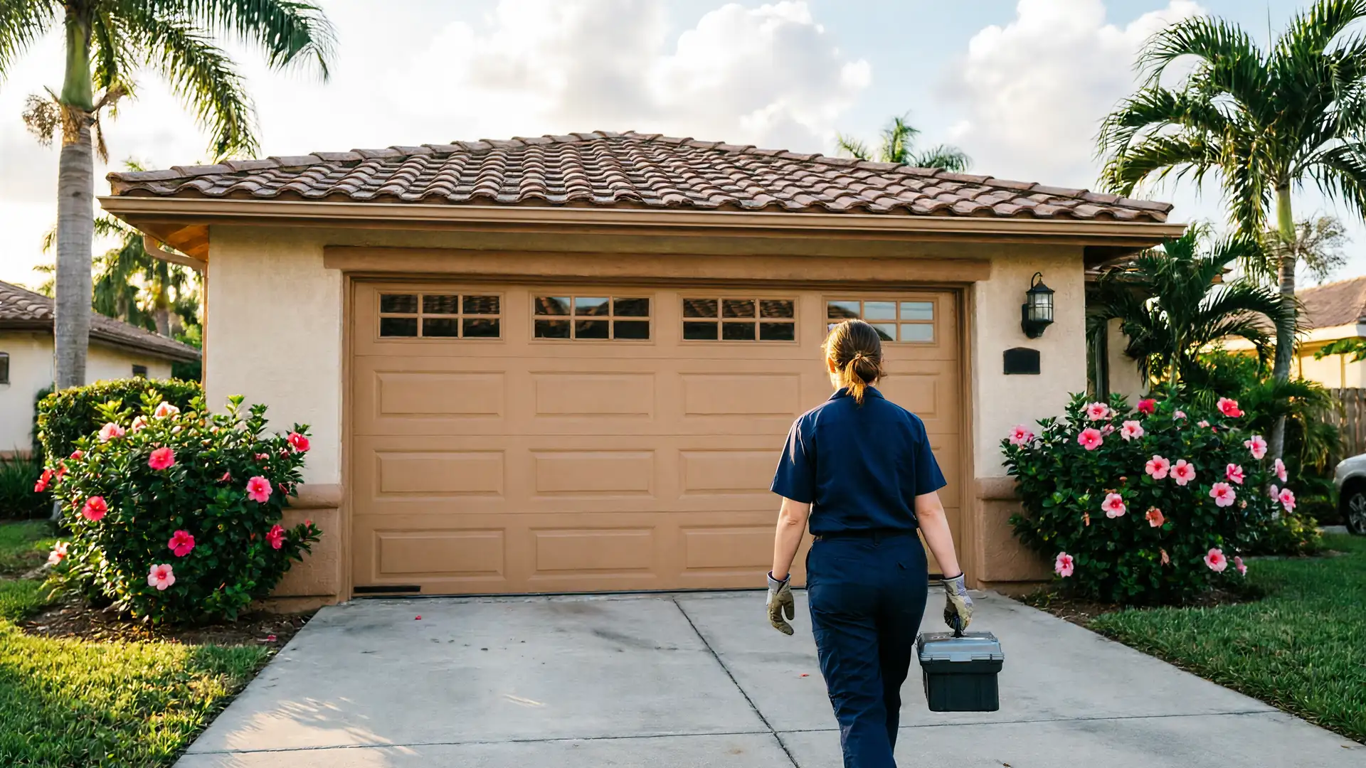 A technician carrying a toolbox walks toward a tan garage door on a house.