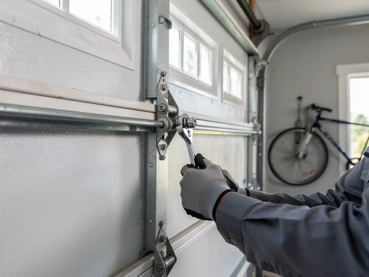 A technician in gray gloves uses a wrench to adjust a garage door hinge.