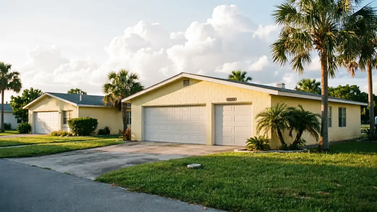 A yellow house with two white garage doors and palm trees in front.