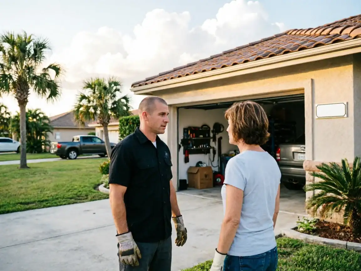 A technician in a black shirt talks to a woman in a gray shirt outside a garage.