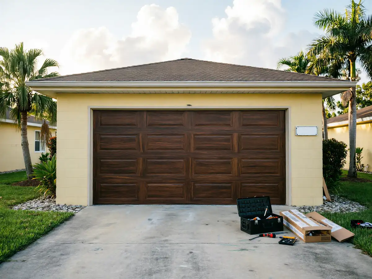 A brown paneled garage door is on a yellow house with tools on the driveway.