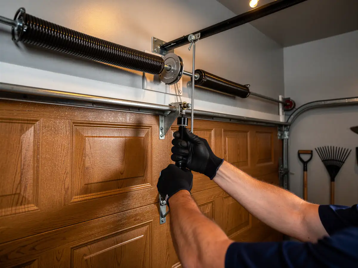 A technician in black gloves adjusts a garage door torsion spring.