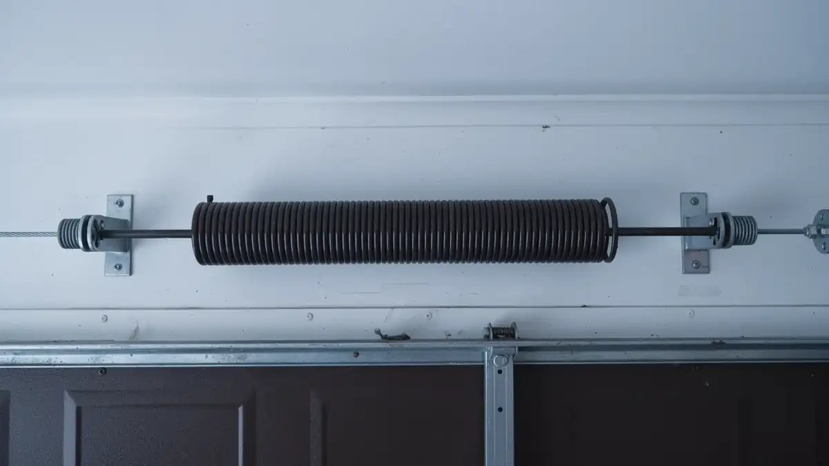 A dark torsion spring is mounted above a brown garage door.