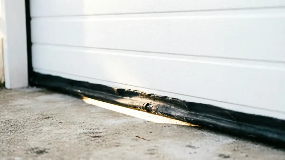 The bottom of a white garage door has a worn, damaged black seal.